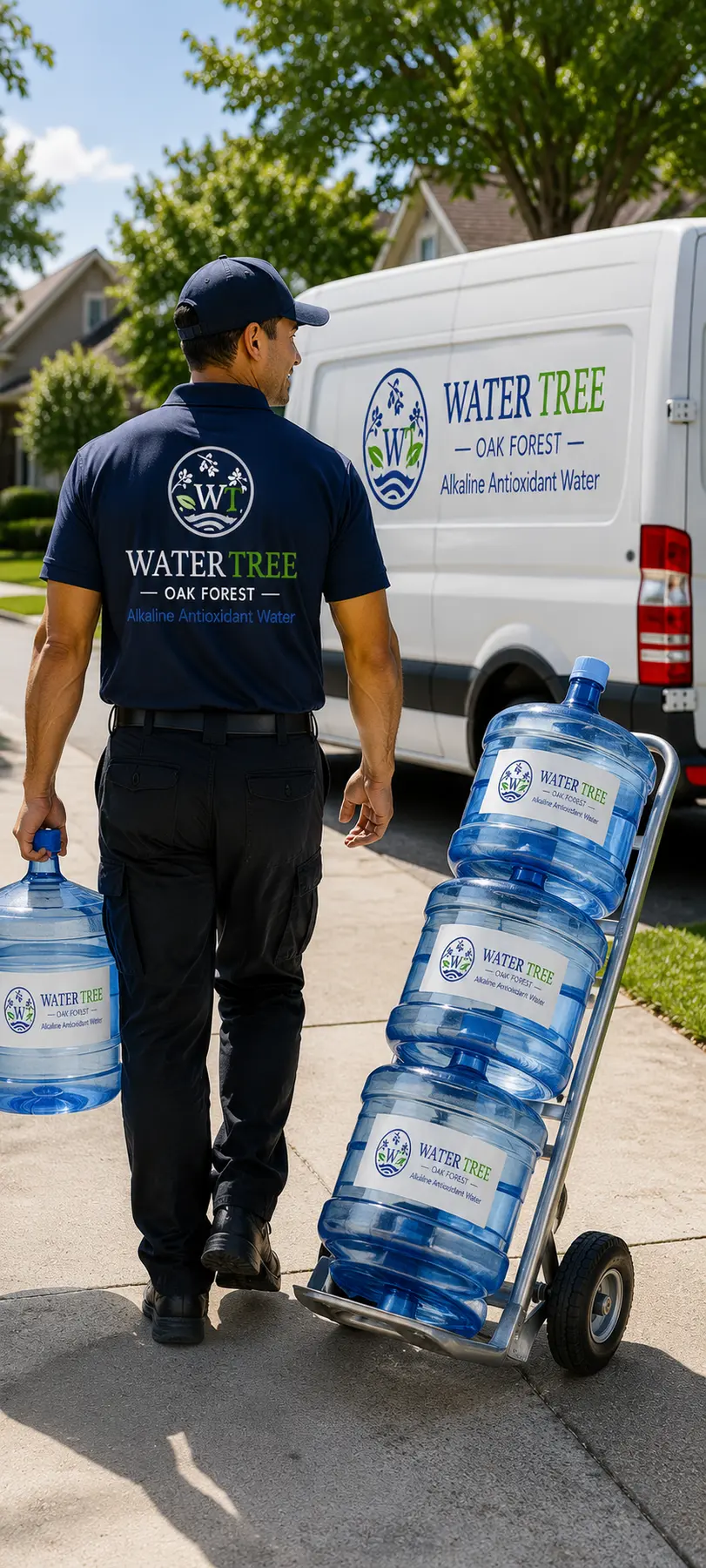 A Water Tree Oak Forest driver with five-gallon bottles on a hand truck, the delivery van behind him